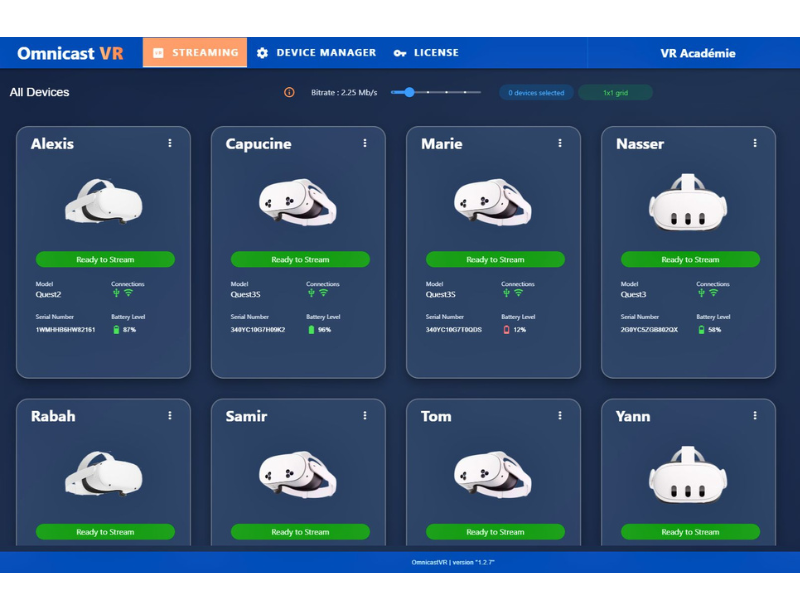 Interface OmnicastVR - Supervision et contrôle des casques VR en temps réel