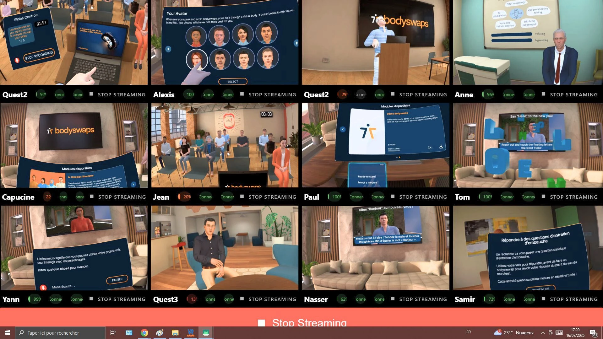 Supervision screen showing a grid of live views from a dozen VR headsets