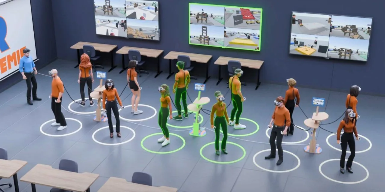 Instructor supervising a group of learners wearing VR headsets in a training room, their sessions shown on wall screens