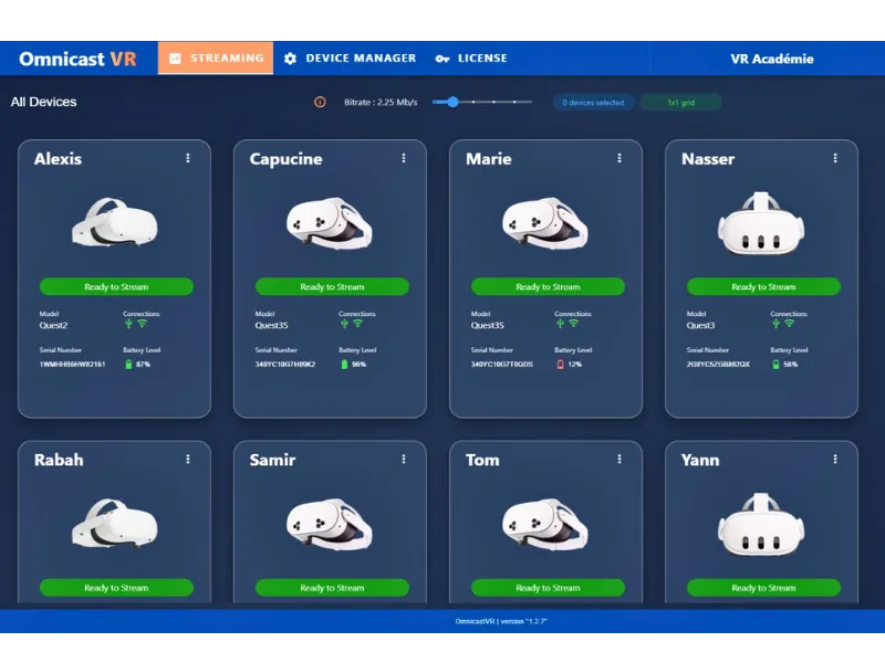 Interface OmnicastVR - Supervision et contrôle des casques VR en temps réel