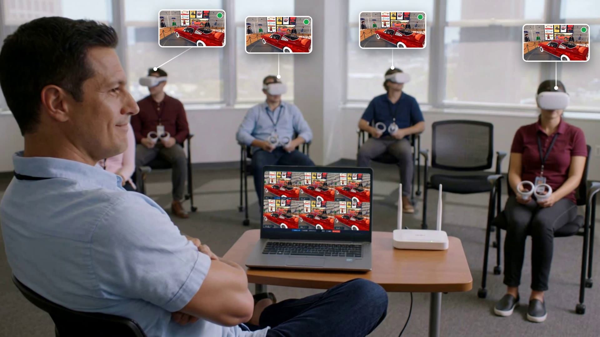 A trainer watches learners in VR headsets; the same app runs on every headset and on the laptop running OmnicastVR, next to a Wi-Fi router