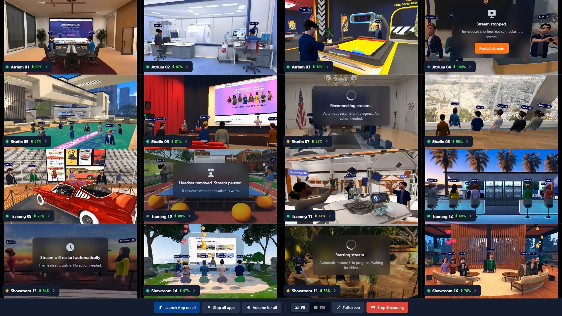 OmnicastVR Supervisor mode: 16 VR headsets with live stream status
