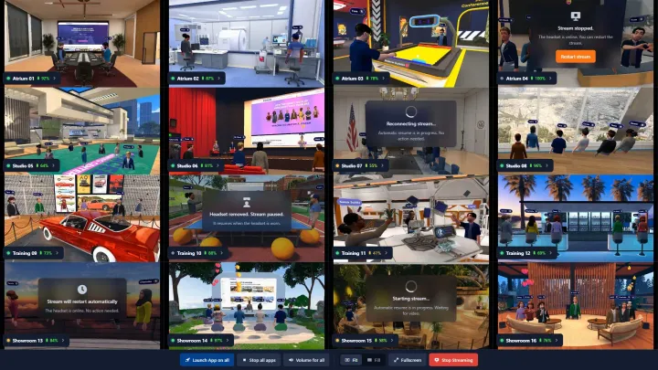 OmnicastVR Supervisor mode: 16 VR headsets with live stream status