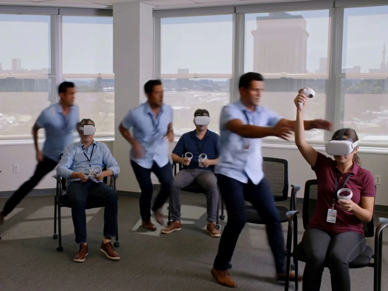 A trainer rushing between learners wearing VR headsets during a group session